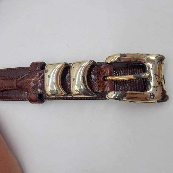 Cale Belt Spain Genuine Lizard & Crocodile 3 Piece Buckle Size 38 Chili Brown - Picture 3 of 12